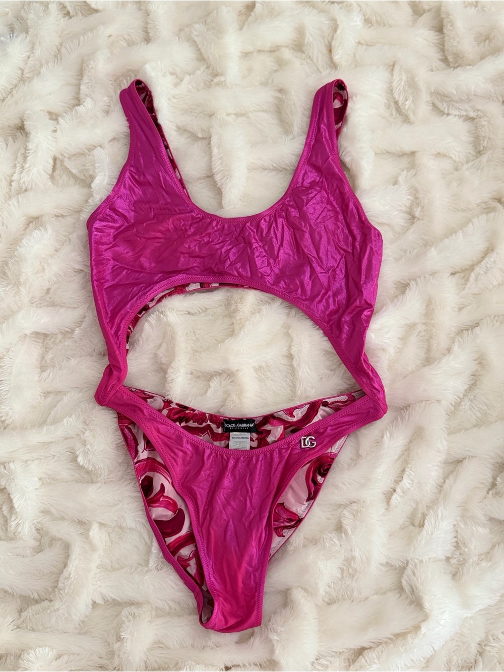 Dolce & Gabbana Metallic Pink Cutout Monokini with Silver DG logo